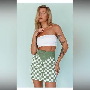Bacio Green White Checkered Denim Short Jean Skirt